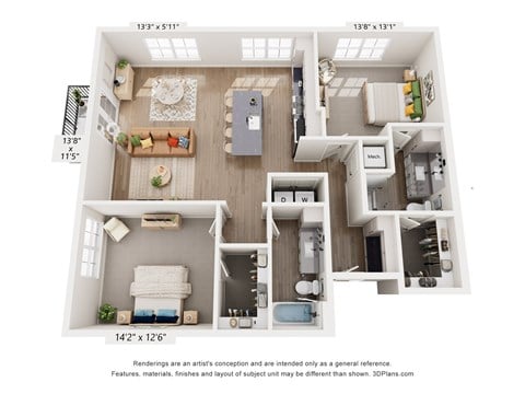 Floor plan for 2 beds, 2 baths, 1375 sqft